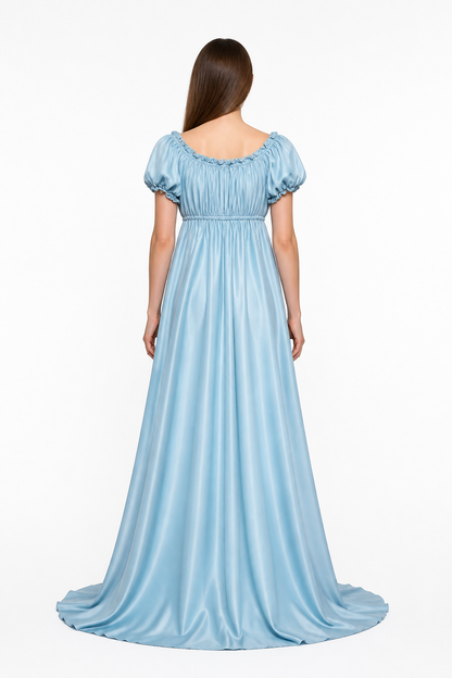 Light Blue Floor-Length Bridgerton Dress with Puff Sleeves back view