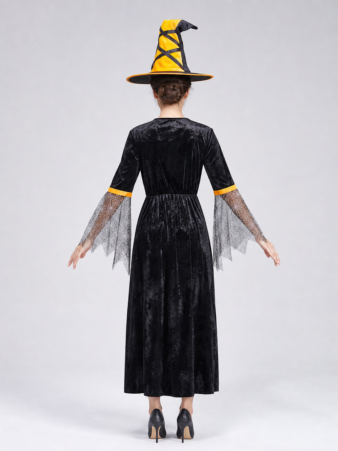Halloween witch costume with dress and hat back view 2