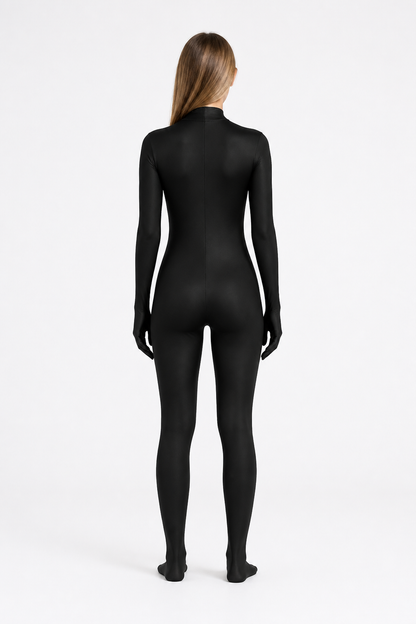 Black Skin-Tight Hooded Jumpsuit for Cosplay back view