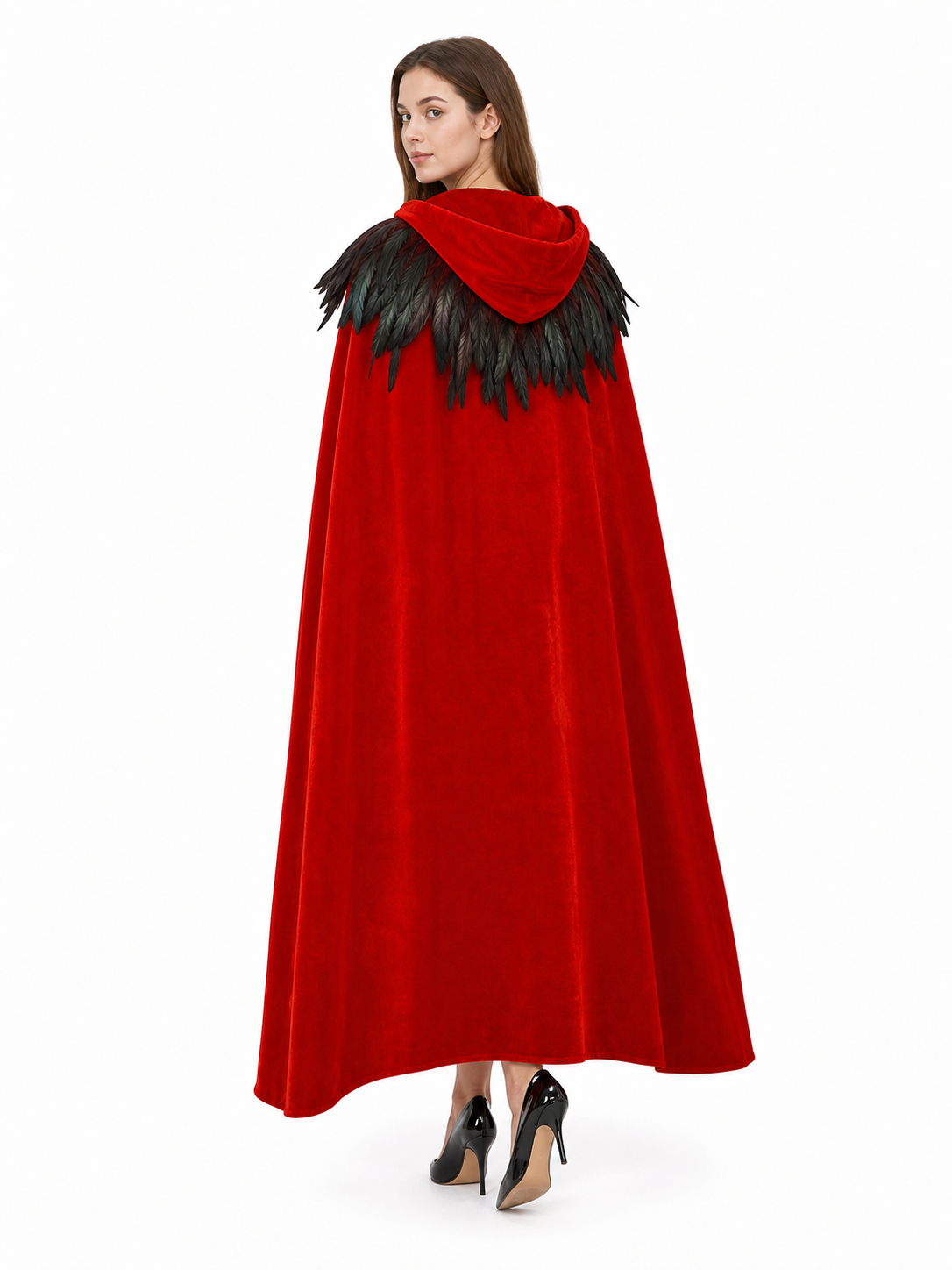 Red hooded feather-trimmed cape product view 20