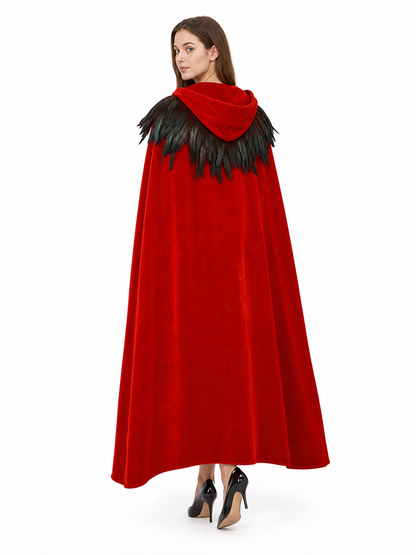 Red hooded feather-trimmed cape product view 20