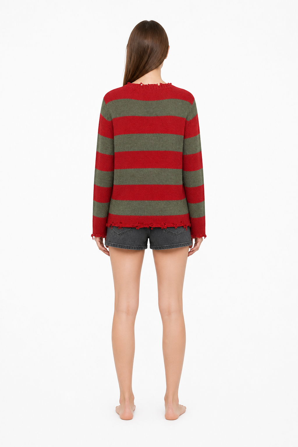 Striped Sweater with Raw Edges, Red and Green