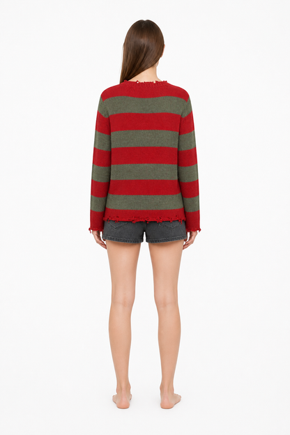 Striped Sweater with Raw Edges, Red and Green