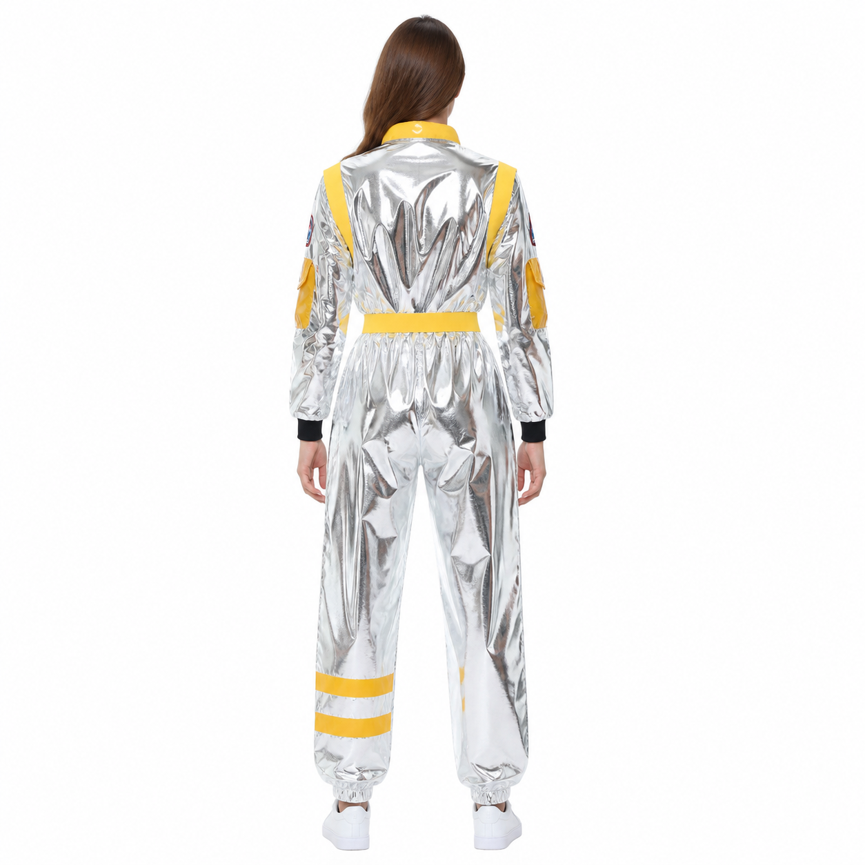 Silver Astronaut Jumpsuit with Patches back view