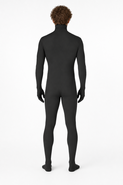 Black Zentai Jumpsuit with Hood and Face Opening back view
