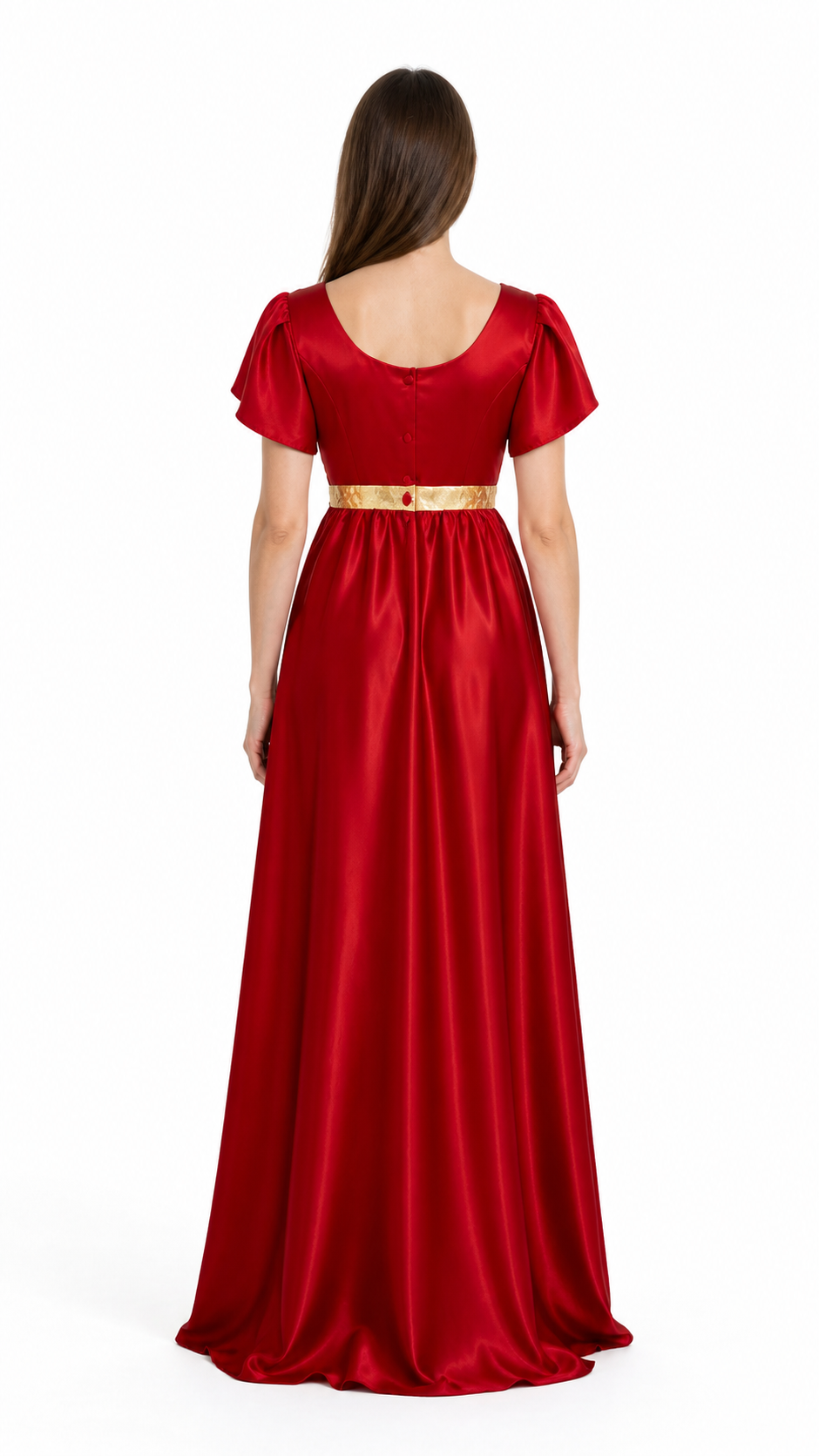 Red Dress with a High Waist and Puff Sleeves back view