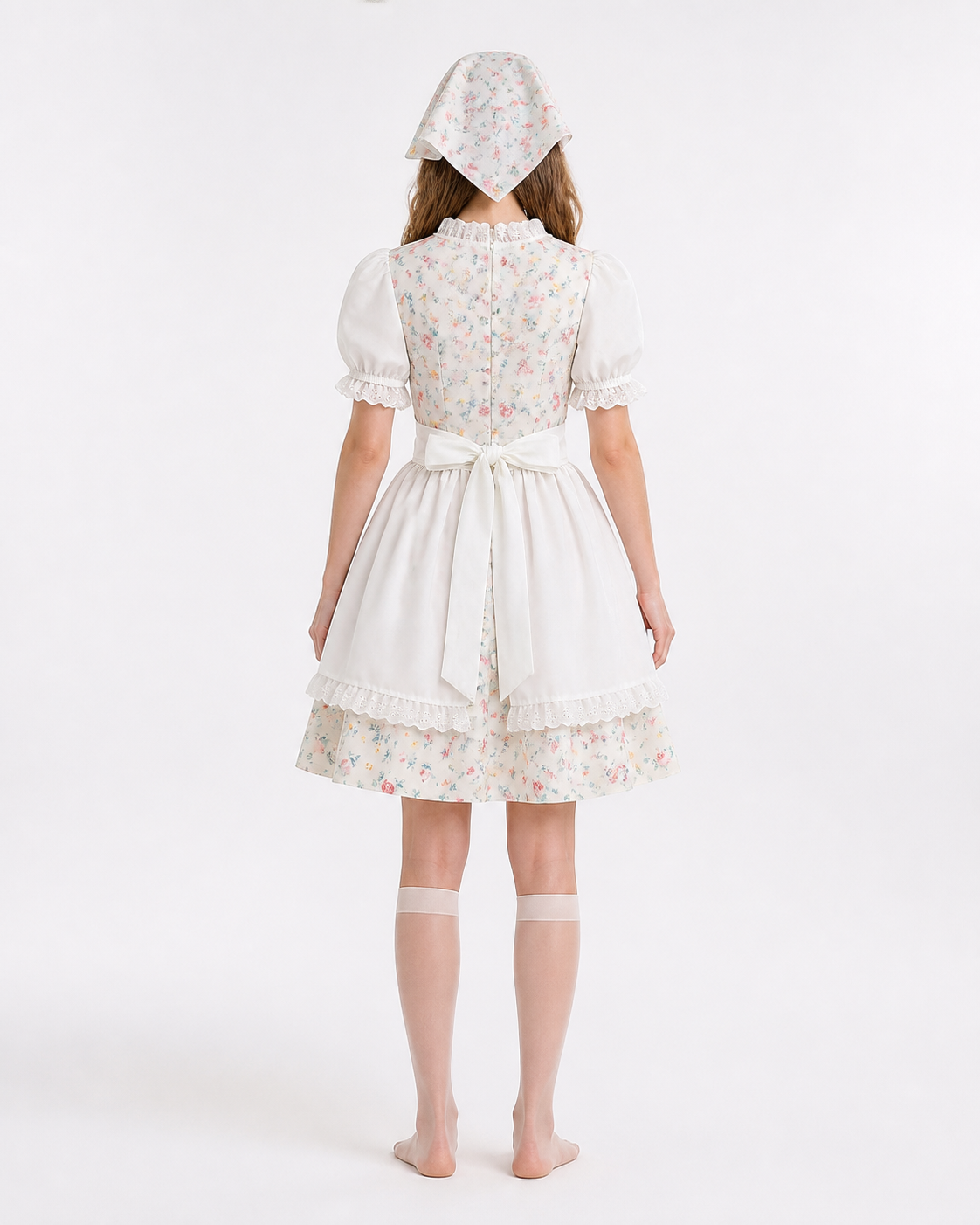Floral Lace-Trimmed Dress with Apron and Headscarf back view