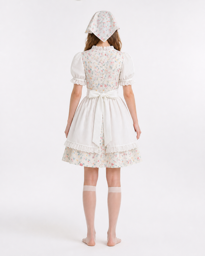 Floral Lace-Trimmed Dress with Apron and Headscarf back view