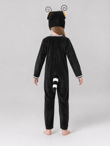One-piece insect costume in a playful style, intended for dress-up, costume parties, themed events, and Halloween. The design is a jumpsuit with long sleeves, a black body, and wide white horizontal stripes. A black headpiece with curled an