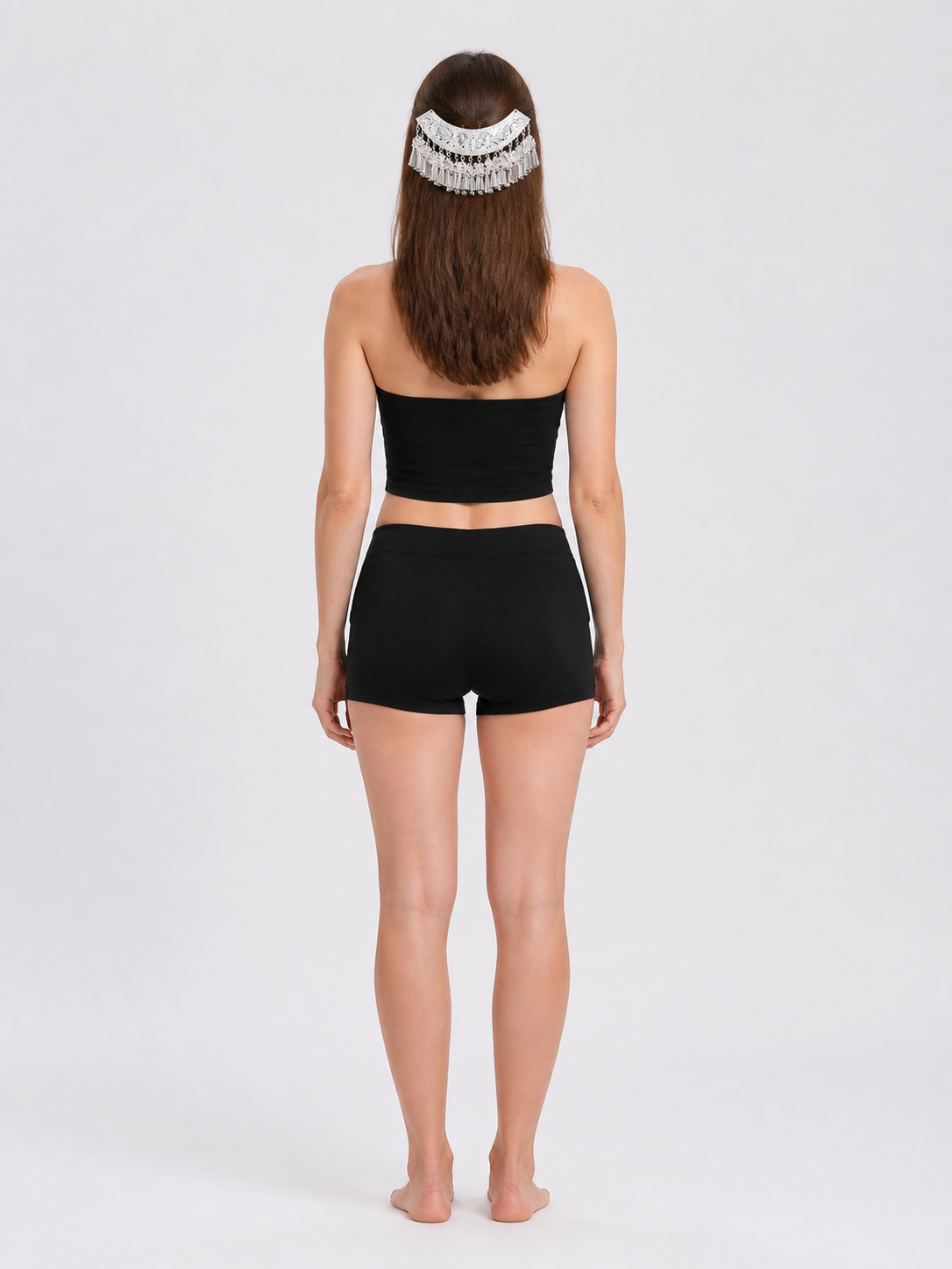 Carnival Headpiece, Silver Moon-Shaped with Dangling Charms back view