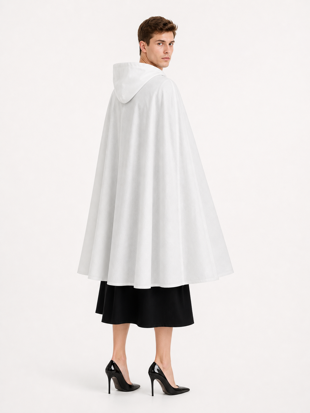 Medieval White Velvet Hooded Long Cloak Cape with Black Bow Tie Front Flared Hem back view 4
