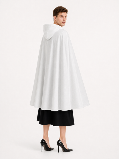 Medieval White Velvet Hooded Long Cloak Cape with Black Bow Tie Front Flared Hem back view 4