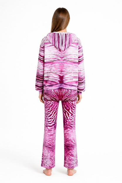 Hooded Jacket and Pants Costume with Pink, White, and Black Print back view