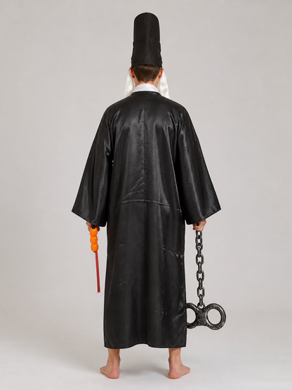 Black Zombie Costume with Robe and Top Hat back view