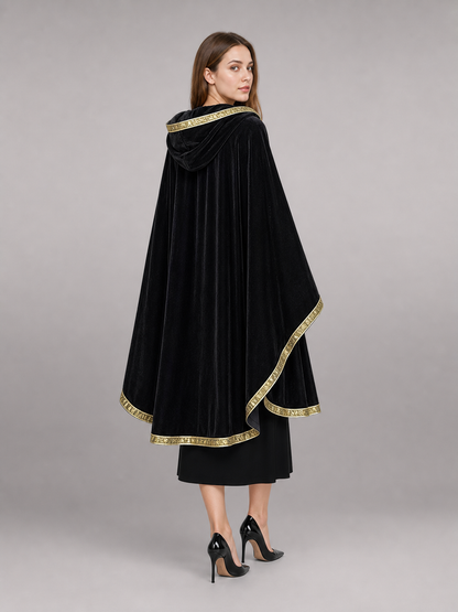 Black Carnival Cloak with Hood and Gold Trim