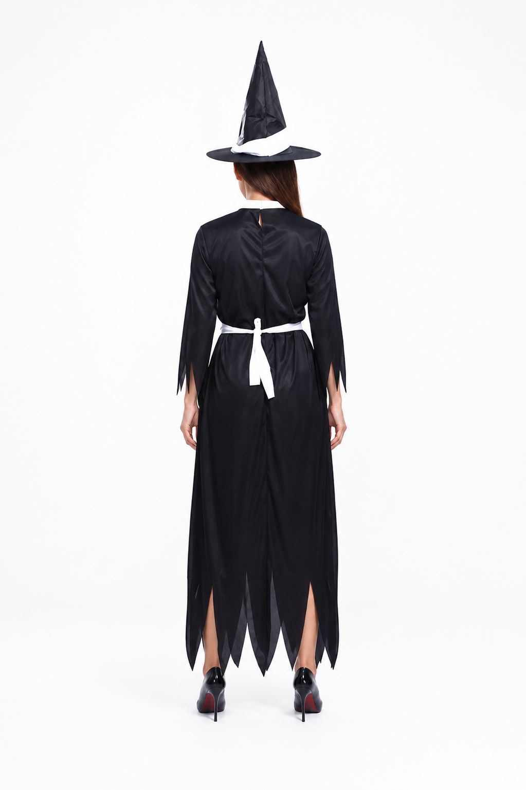 Witch Costume with Long Dress, Hat, and Halloween Broom back view