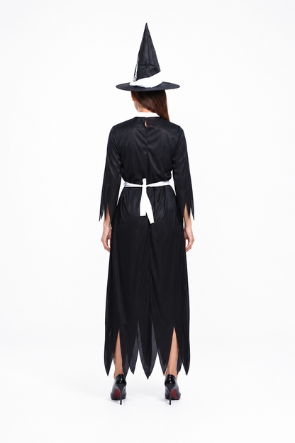 Witch Costume with Long Dress, Hat, and Halloween Broom back view