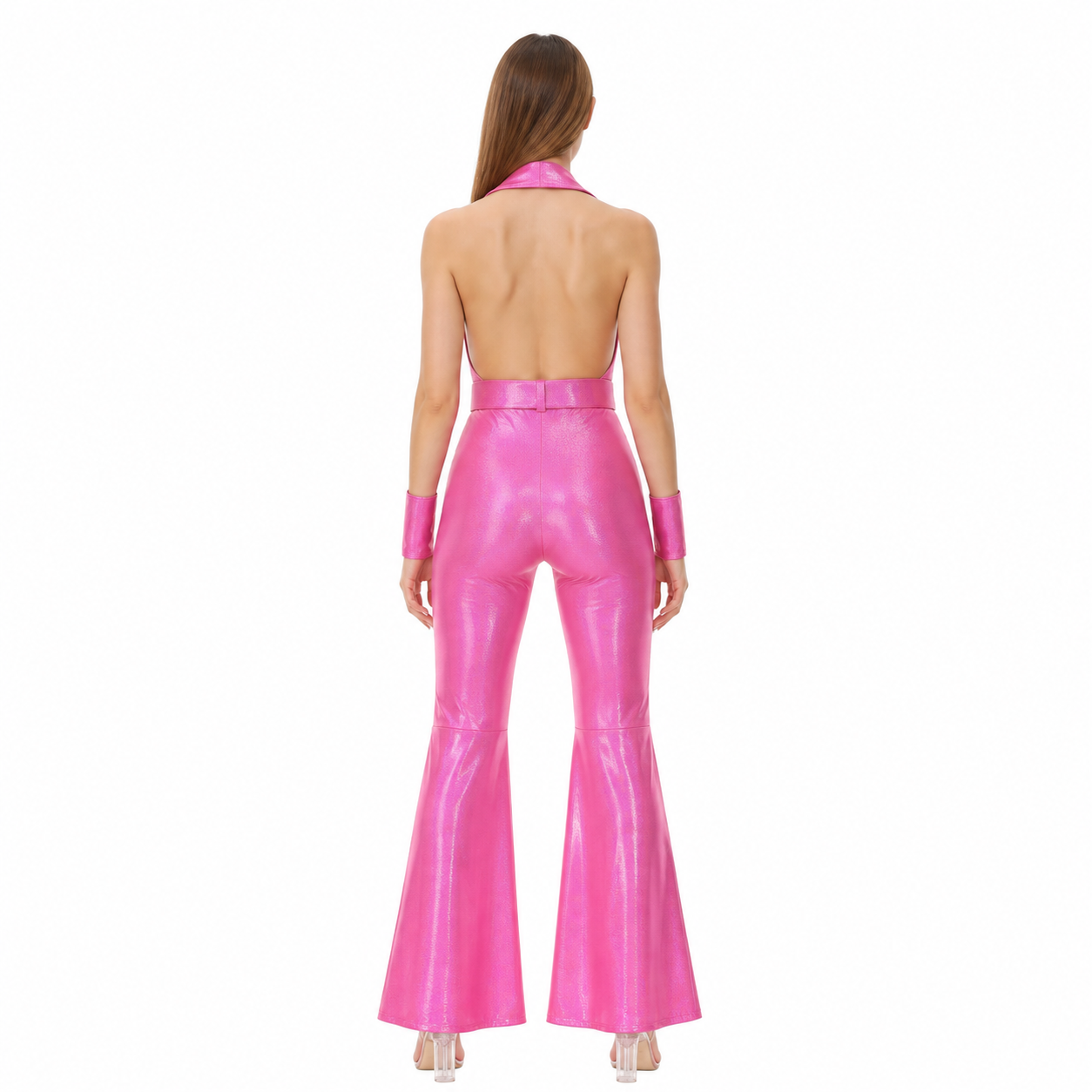 Jumpsuit with a Deep V-Neckline and Flared Legs back view