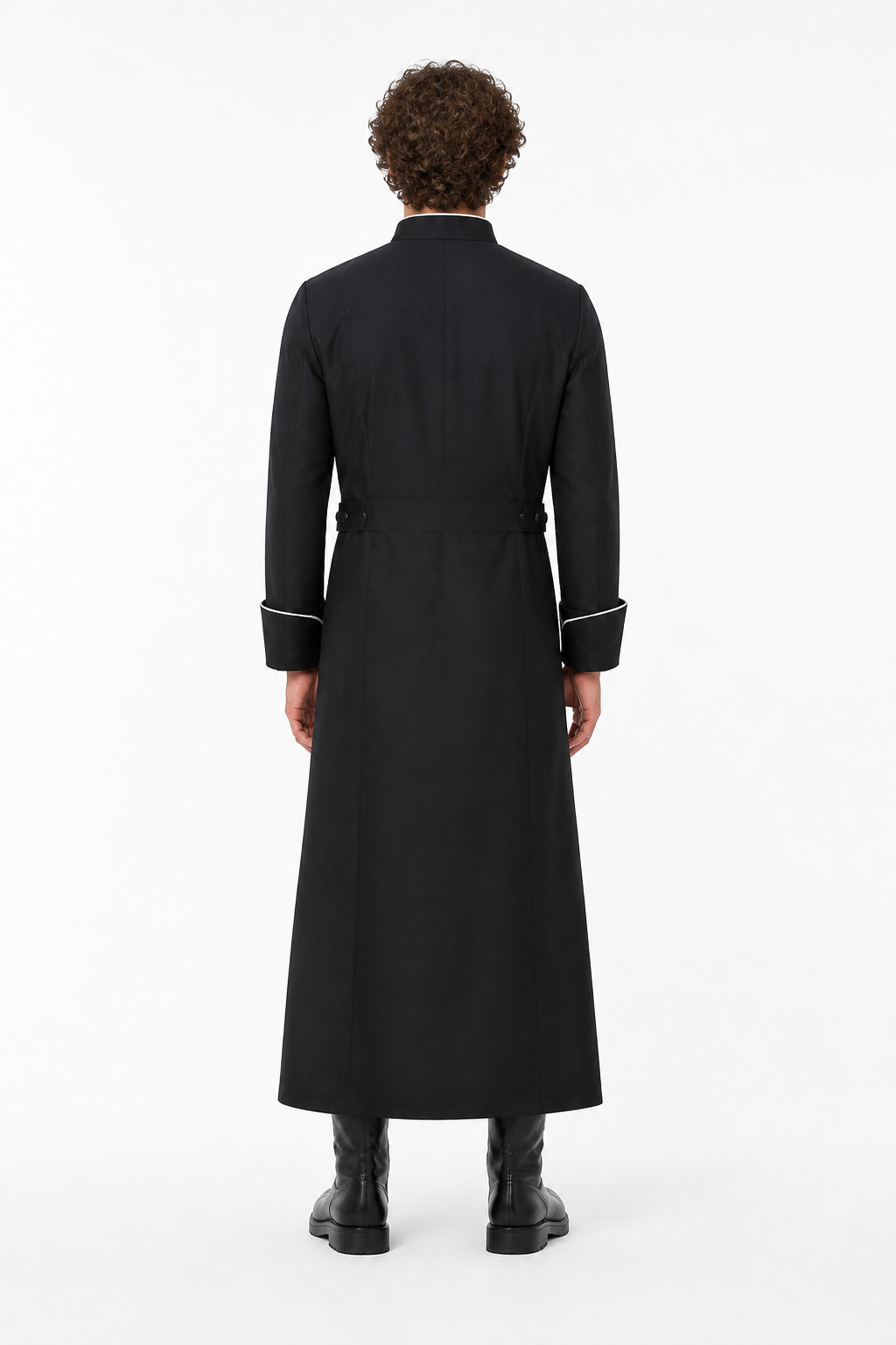 Long Black Robe with Stand Collar and White Trim back view