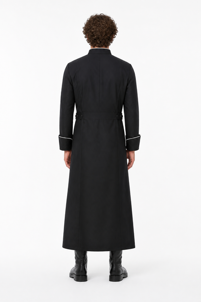 Long Black Robe with Stand Collar and White Trim back view