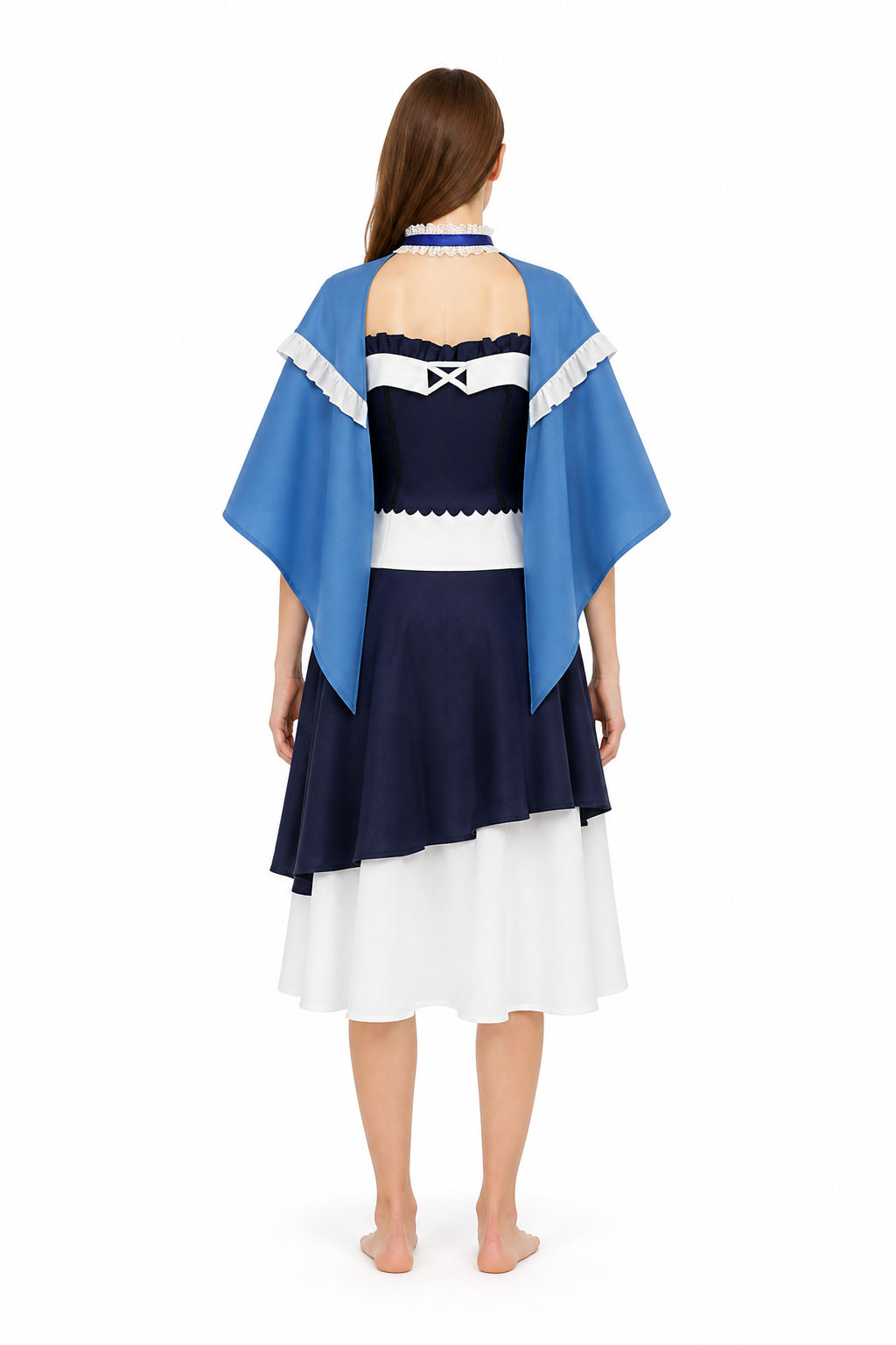 Dark Blue Dress with Cape and Lace for Cosplay back view