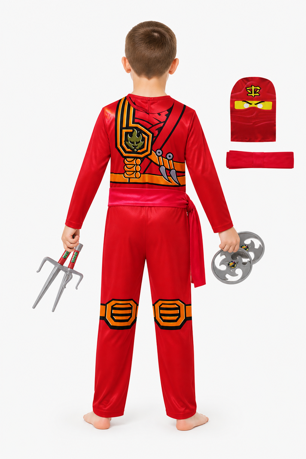 Red Ninja Costume with Mask and Weapons back view