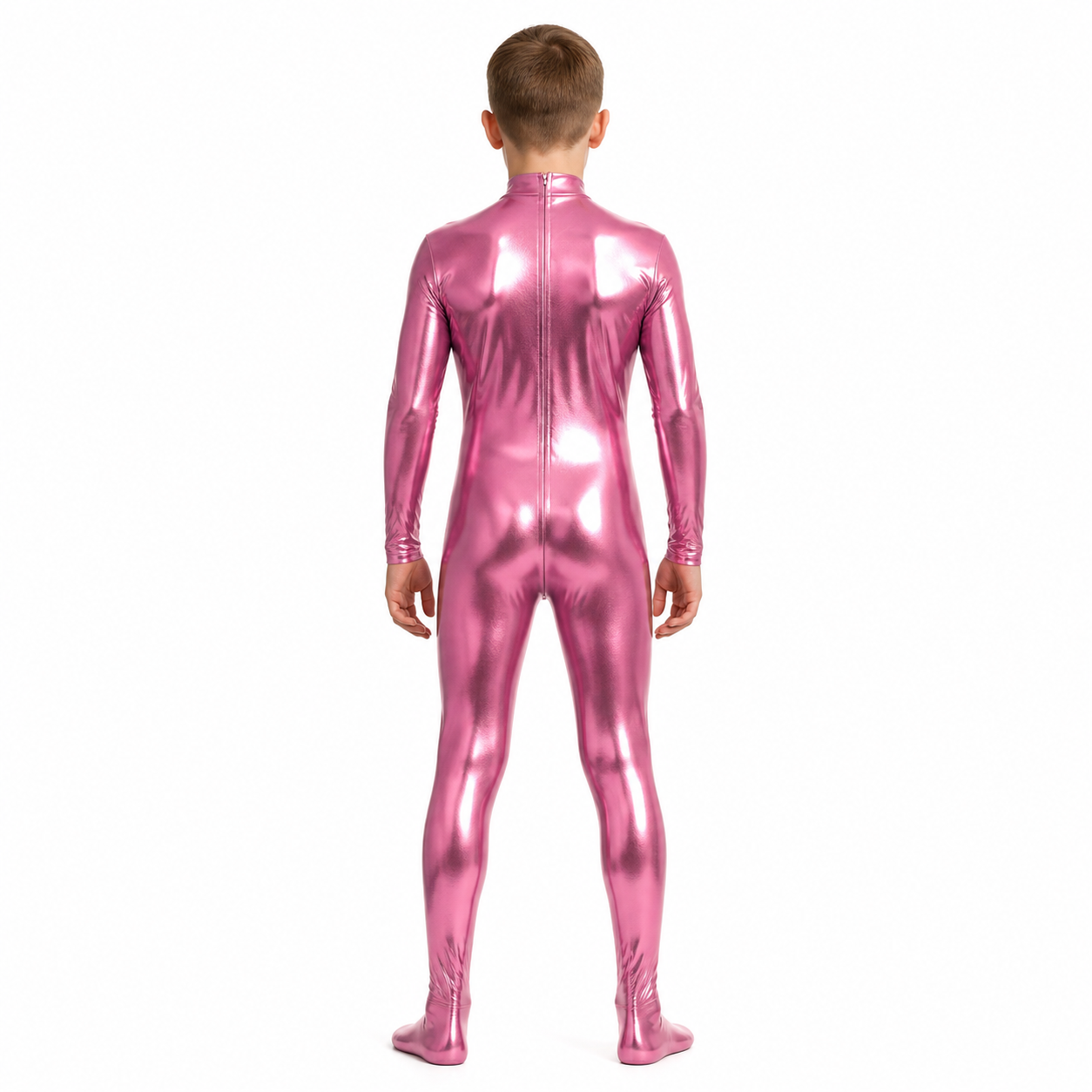 Men's Shiny Pink Stage Jumpsuit with Zipper back view
