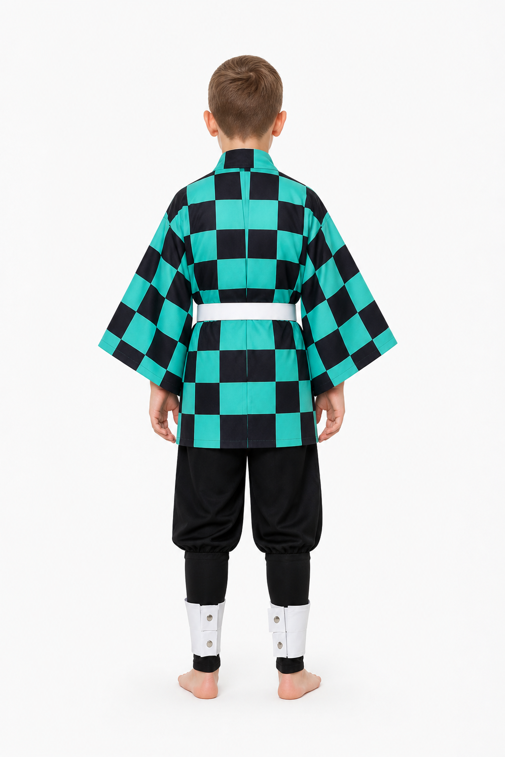 Tanjiro Cosplay Costume with Long Checkered Haori back view