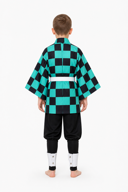 Tanjiro Cosplay Costume with Long Checkered Haori back view