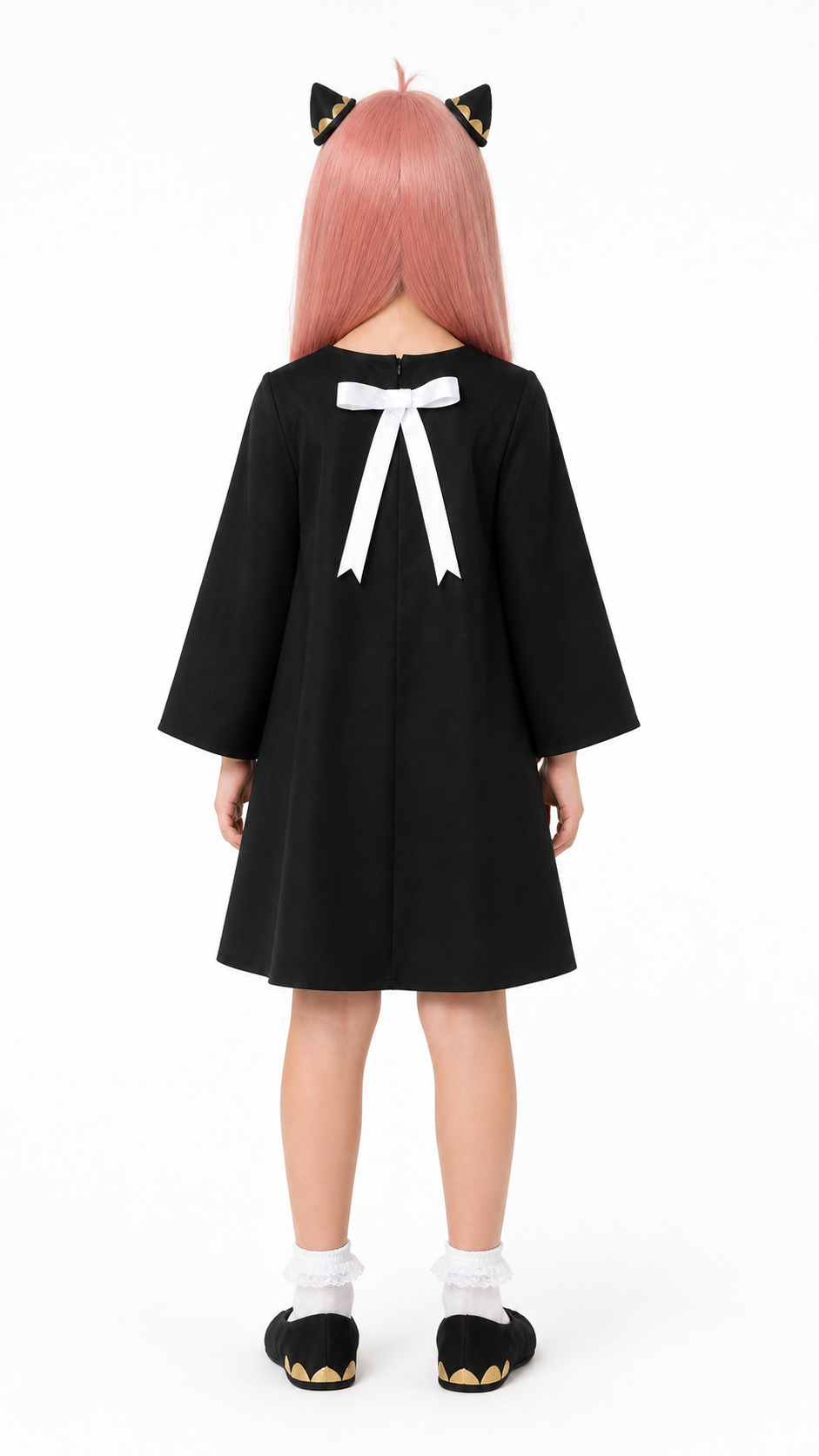 Anya Costume with Black Dress, Pink Wig, and Horns back view
