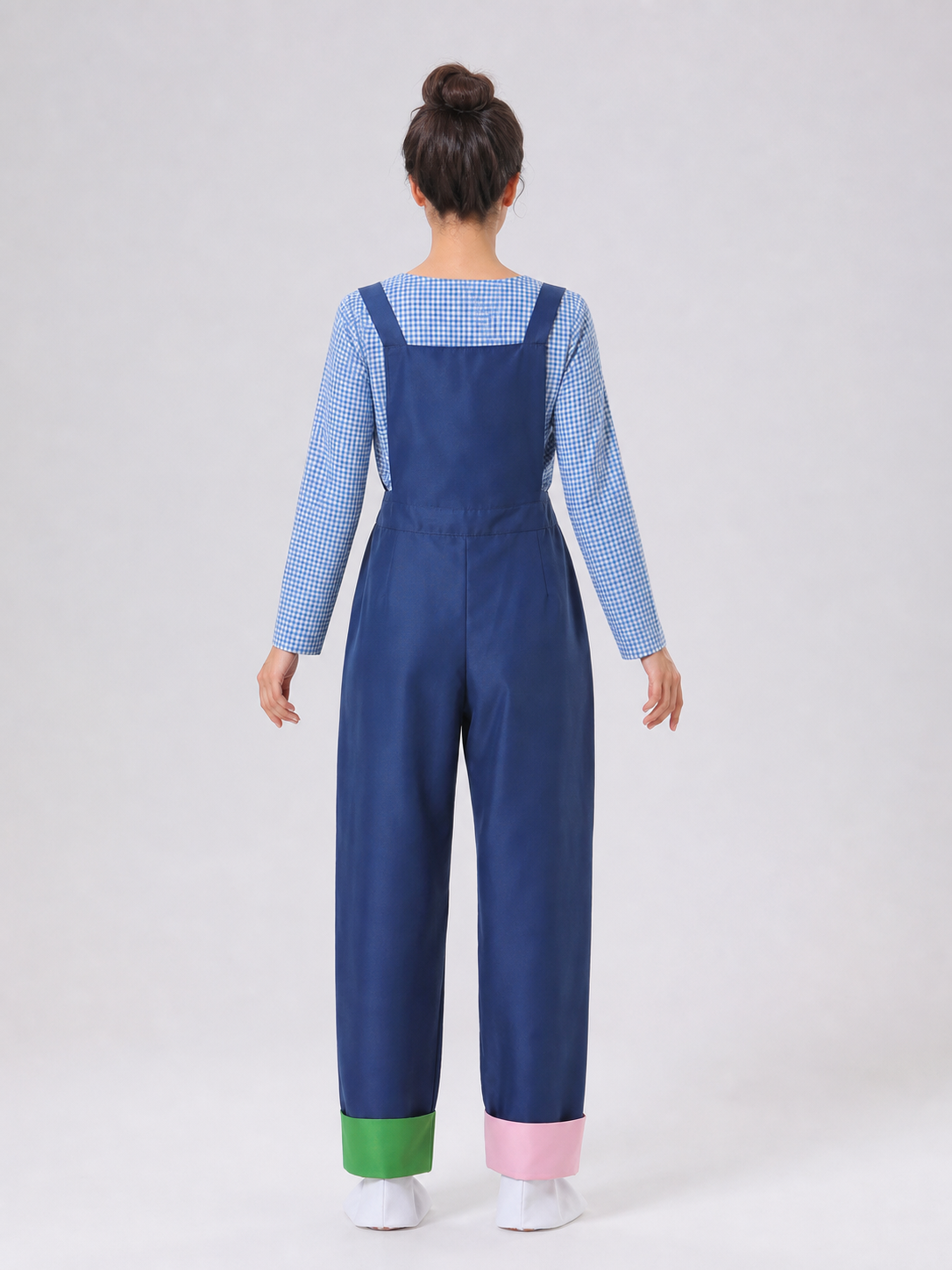 The Easter party rabbit costume is designed as a one-piece outfit with a bib and back view