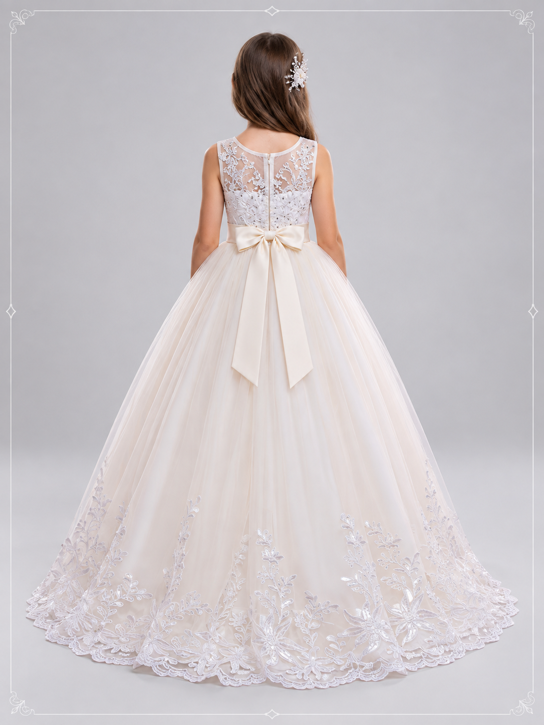 Girls' Formal Floor-Length Dress with Lace and Train