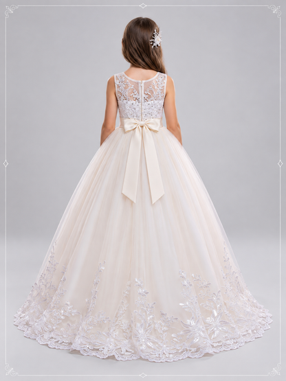 Girls' Formal Floor-Length Dress with Lace and Train