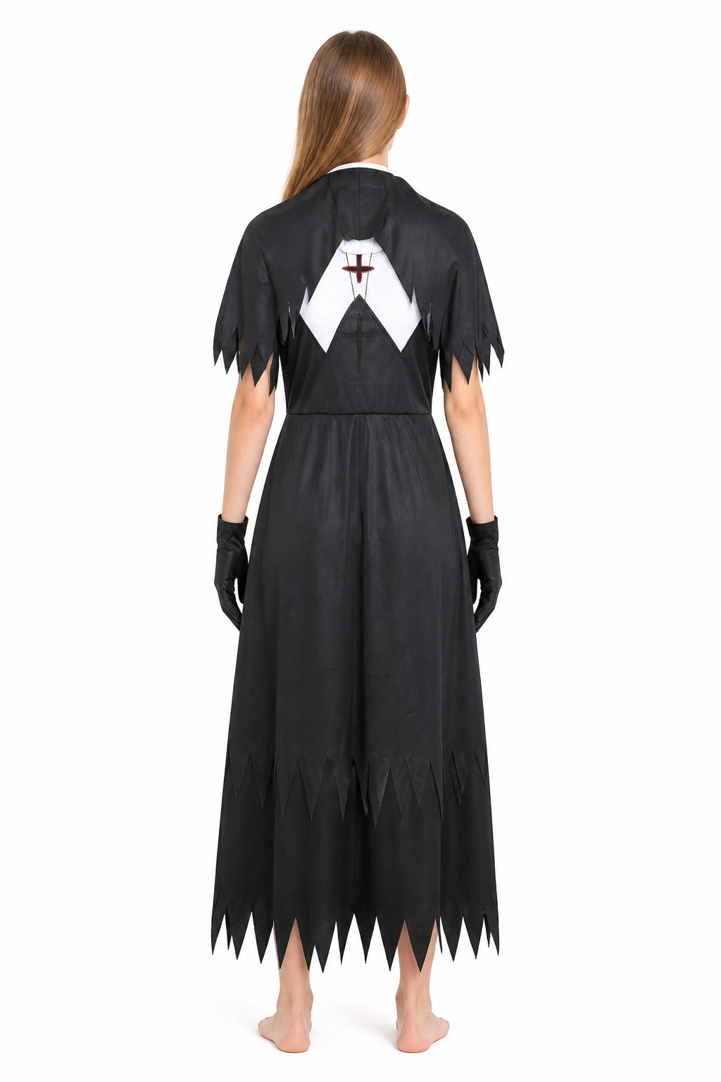 Black Long Dress with Cross and Torn Edge back view
