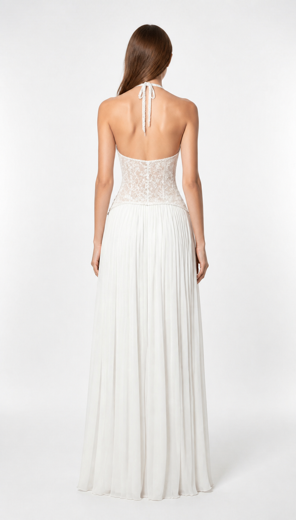 White Lace Dress with Pleated Skirt