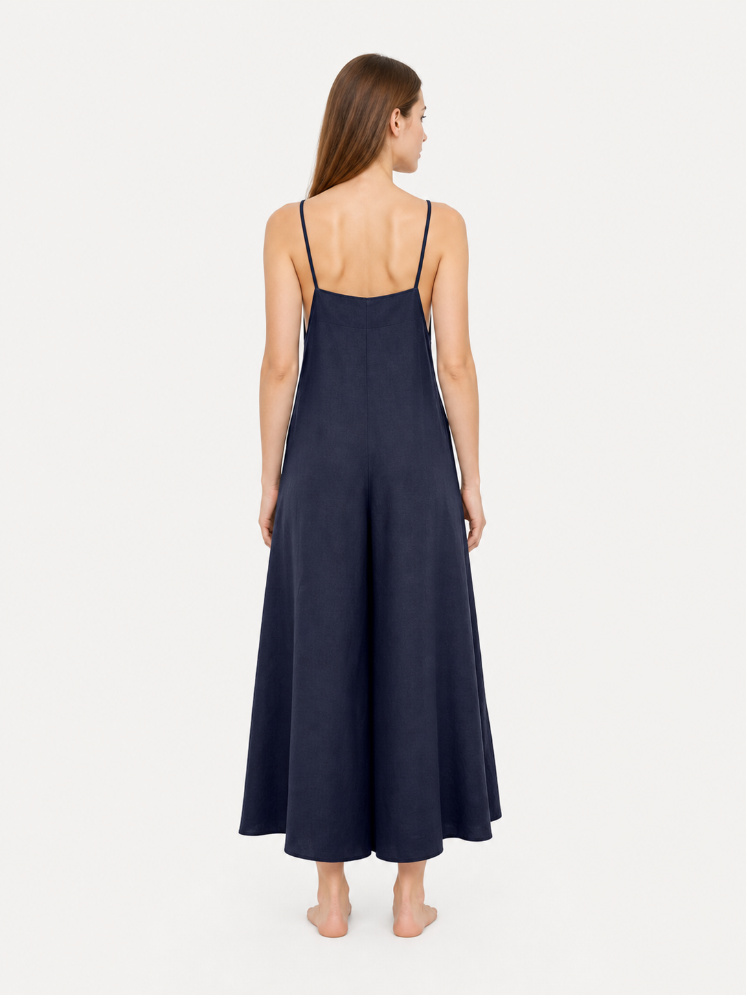 Blue Spaghetti Strap Wide Leg Jumpsuit, Sleeveless One-Piece Overalls With Long back view