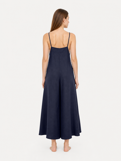 Blue Spaghetti Strap Wide Leg Jumpsuit, Sleeveless One-Piece Overalls With Long back view