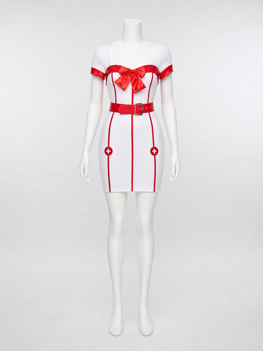 White-and-Red Nurse Costume with Bow and Belt