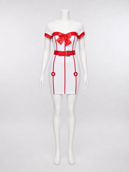 White-and-Red Nurse Costume with Bow and Belt
