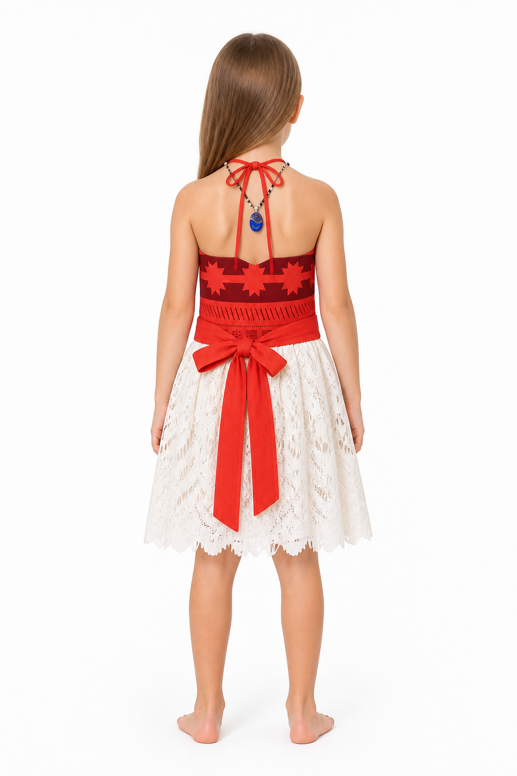 Children's halter dress with a red bodice and long ties back view
