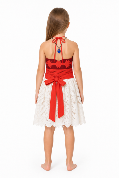 Children's halter dress with a red bodice and long ties back view