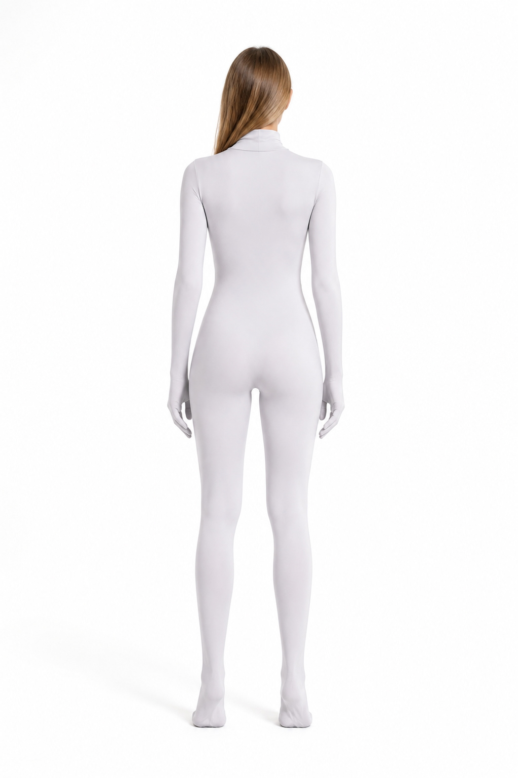 Zentai jumpsuit with enclosed hands and feet back view