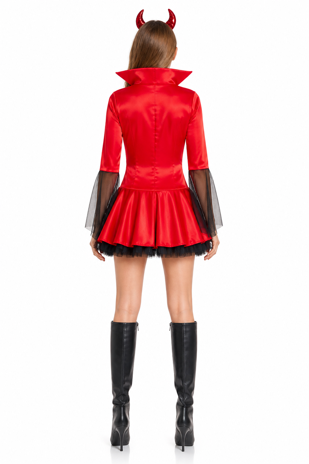 Red Demon Dress Costume with Horns and Mesh for Cosplay back view