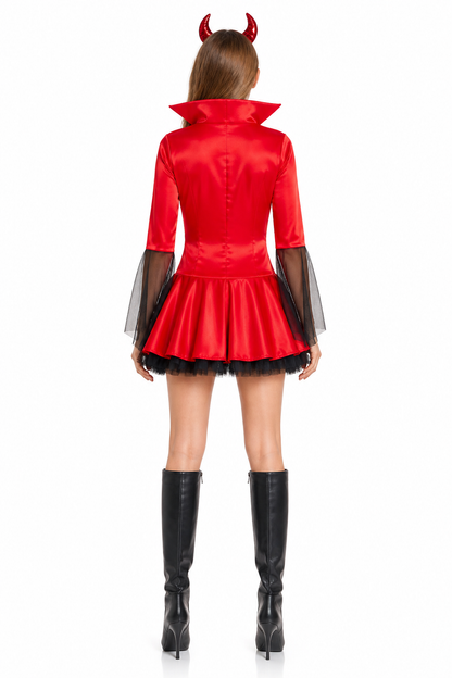 Red Demon Dress Costume with Horns and Mesh for Cosplay back view