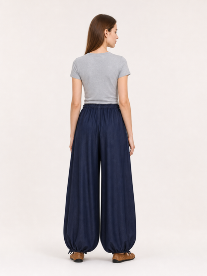 Dark Blue High-Waisted Wide-Leg Pants with Drawstring Hems