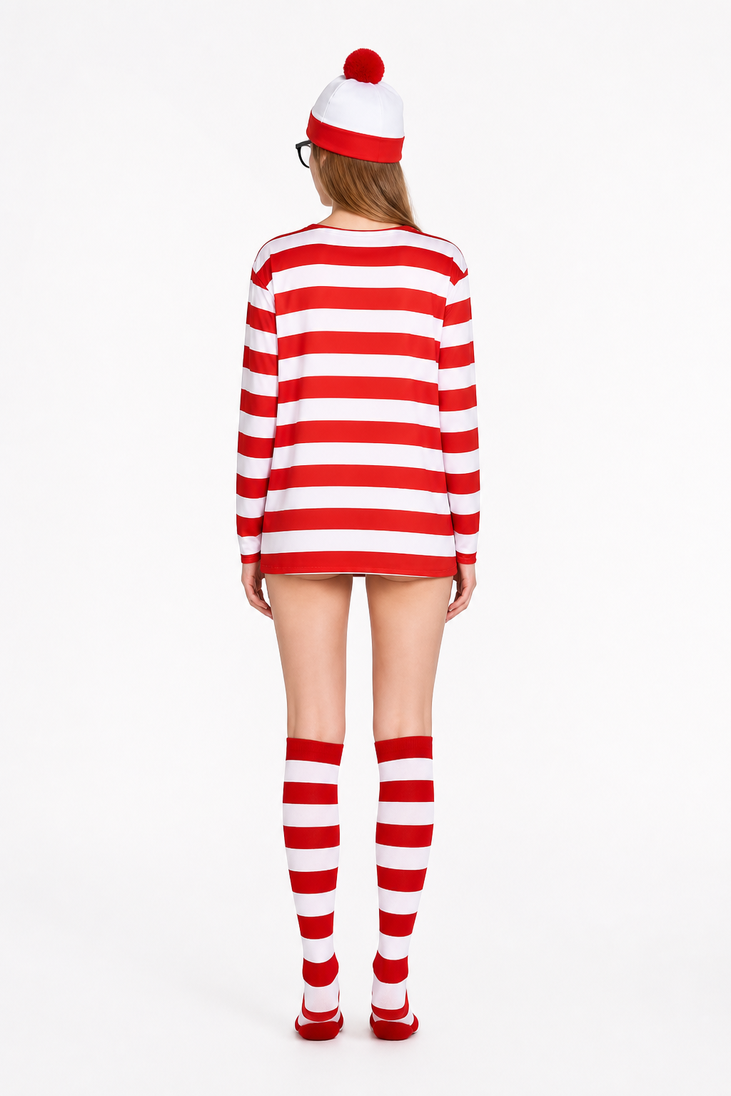 Wally Striped Costume with Hat and Glasses back view