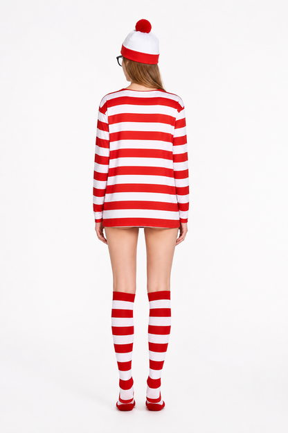 Wally Striped Costume with Hat and Glasses back view