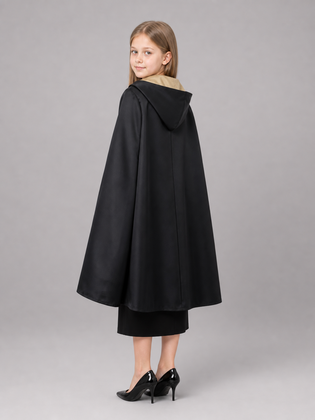 Black costume cloak with hood and accessories