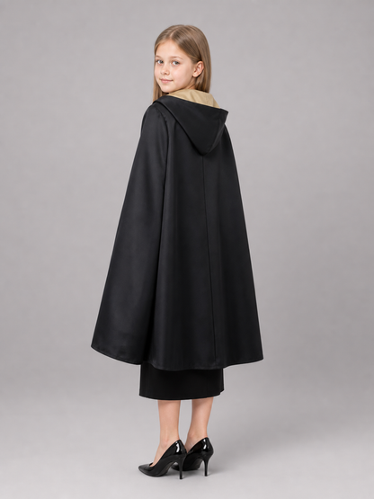 Black costume cloak with hood and accessories