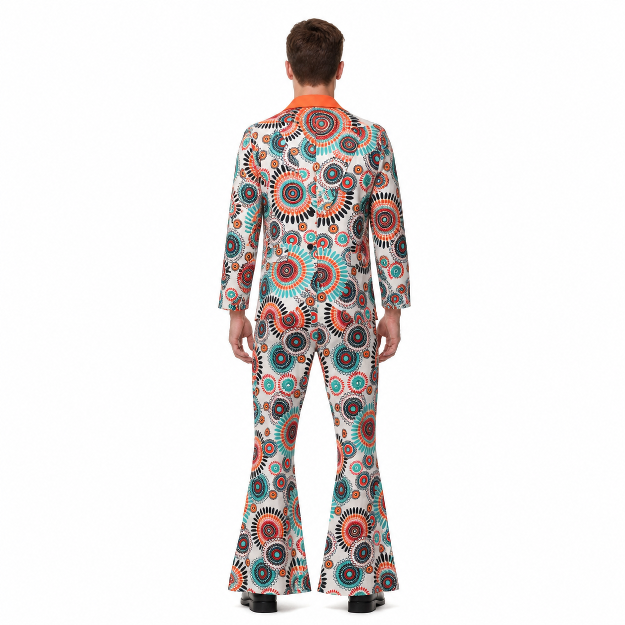 Jumpsuit with Geometric Print, Collar, and Flared Legs back view